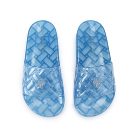 Kurt Geiger London blue transparent jelly slides with woven texture footbed and embellished eagle detail, top-down view