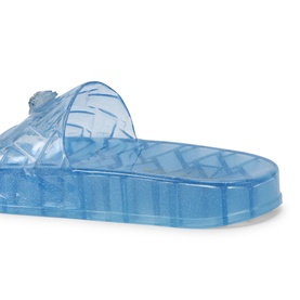 Kurt Geiger London blue translucent jelly slider with embossed branding on footbed, flat sole, top-down angle