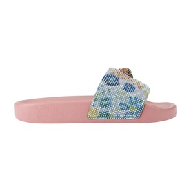Kurt Geiger London blue multicolour crystal embellished slide sandal with pink flat sole, side view