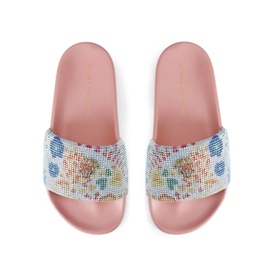 Kurt Geiger London blue multicolour floral crystal-embellished slides with pink footbed, top-down view