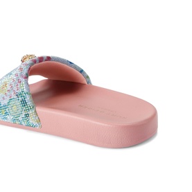 Kurt Geiger London blue multicolour sequin slide sandal with pink sole, gold charm detail, rear three-quarter view