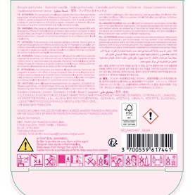 Maison Francis Kurkdjian candle base showing multilingual safety instructions, barcode, and recycling symbols on white background.