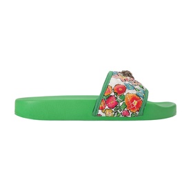 Kurt Geiger London women's slide sandal in white with floral print strap and green rubber sole