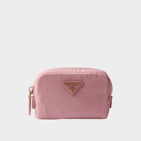 Prada Re-Nylon cosmetics pouch in pink with gold-tone triangle logo plaque and zip closure