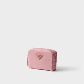 Prada pink nylon cosmetics pouch with rose gold triangle logo hardware and zip fastening