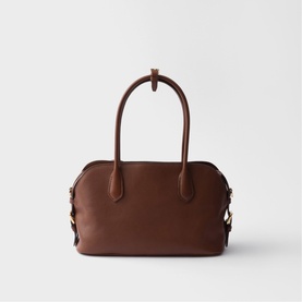 Prada Accessories brown leather top-handle bag with knotted handles, zip closure, and gold-tone hardware with detachable shoulder strap