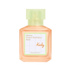 Maison Francis Kurkdjian Kurky Eau de Parfum in a peach-toned glass bottle with mint green cap and label