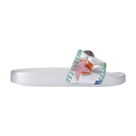 Kurt Geiger London multi coloured embellished slide sandal with star motif, crystal detailing, and white sole