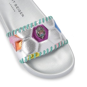 Kurt Geiger London multi-coloured metallic slide sandal with hexagonal patchwork upper, emblem detail, and green whipstitch edging