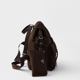 Prada Accessories brown nylon backpack with silver hardware, adjustable straps, and small detachable pouch on side