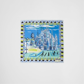 Blue and yellow silk scarf featuring illustrated Milan Duomo cathedral scene with geometric border print