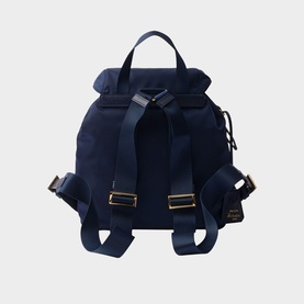 Prada Accessories blue fabric backpack, rear view, padded shoulder straps and gold-tone buckle hardware