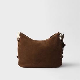 Prada Accessories brown suede shoulder bag with gold-tone hardware and tassel side ties, structured crescent silhouette