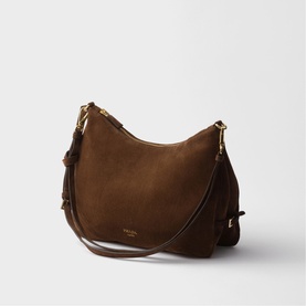 Prada Accessories brown suede shoulder bag with gold-tone hardware, zip fastening, and adjustable crossbody strap