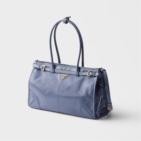 Prada blue leather tote bag with double top handles, gold-tone triangle logo hardware and structured silhouette