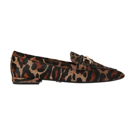 Carvela brown leopard print pony hair loafer with gold chain detail and flat heel, side view