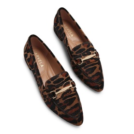Carvela brown leopard print loafers with gold-tone snaffle bit hardware, flat sole, pointed toe