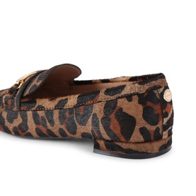 Carvela brown leopard-print pony-hair loafer with gold-tone hardware, flat sole, shown from rear three-quarter angle.