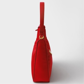 Prada Accessories red structured tote bag, gold-tone hardware, single top handle, side profile view