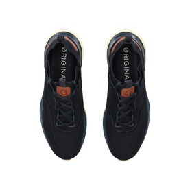 Cole Haan blue men's trainers, top-down view showing black knit upper, tan leather heel tab, and cream midsole