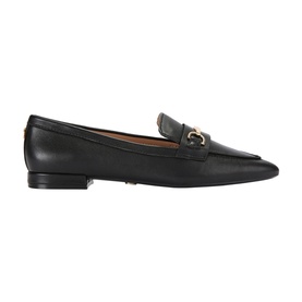 Carvela black leather loafer with gold-tone chain hardware detail, low flat heel, and tan leather lining, side view.