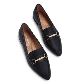 Carvela black leather loafers with gold horsebit bar detail, pointed toe and flat sole, shown as a pair from above.
