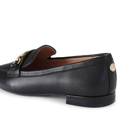Carvela black leather loafer, rear three-quarter view, gold chain and coin hardware detail, flat sole