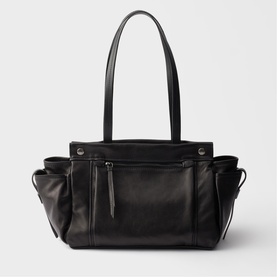 Black leather tote bag with silver zip detail, front zip pocket, and side pockets, twin top handles