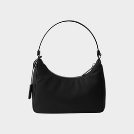 Black nylon shoulder hobo bag with silver-tone hardware, zip fastening, and slim adjustable top handle strap