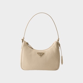 Prada Accessories neutral leather shoulder bag with gold triangle logo hardware and single top handle strap