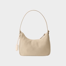Prada Accessories neutral leather shoulder bag with gold-tone zip pull, single top handle, and structured crescent silhouette