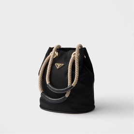 Prada Accessories black fabric bucket bag with gold-tone triangle logo and chunky rope handles