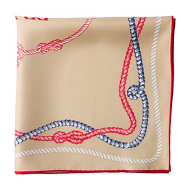 Beige silk scarf with red border and nautical rope print in red and blue, folded into a square