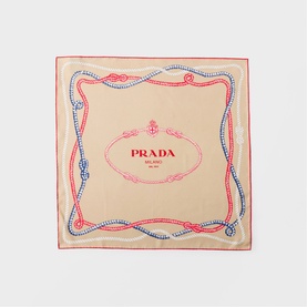 Prada cream silk scarf with red and blue rope border detail and central Prada Milano logo print