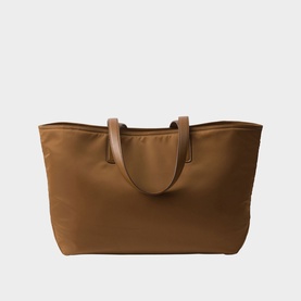 Prada Accessories brown nylon tote bag with tan leather shoulder straps, spacious structured silhouette
