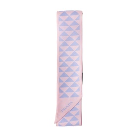 Prada Accessories pink silk twilly scarf with light blue geometric triangle print, folded flat