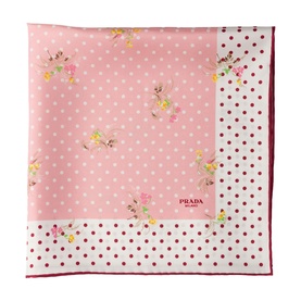 Prada pink silk scarf with floral print, white polka dot centre, and burgundy spotted border trim