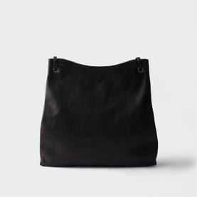 Prada Accessories black leather tote bag with gunmetal ring hardware and shoulder strap, structured base, flat back view