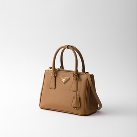 Prada Galleria Saffiano leather bag in camel tan with gold-tone hardware and dual top handles