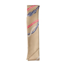 Beige silk necktie scarf with navy, red and white rope print, folded flat to show full length and pattern detail