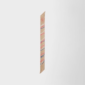 Narrow beige striped silk twilly scarf with coral and blue stripe detail and small logo, displayed flat