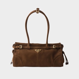Prada Accessories brown suede tote bag with gold-tone triangle logo, twin top handles, buckle straps and drawstring side detail