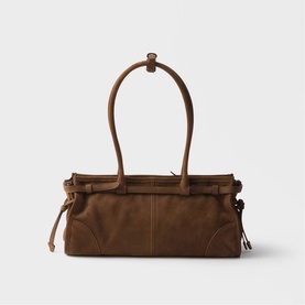 Prada Accessories brown leather structured shoulder bag with looped top handles, side drawstring details, and gold-tone hardware