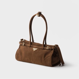 Prada Accessories brown leather shoulder bag with dual top handles, gold-tone triangle logo hardware and buckle detail straps.