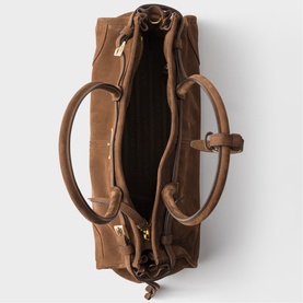 Prada Accessories brown leather bag, top-down view showing open interior, dual top handles and gold-tone hardware zip fastening