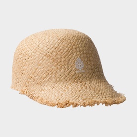 Natural raffia woven bucket hat with frayed brim and small embroidered logo badge on front