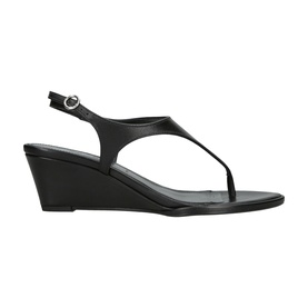 Aeyde Roose Wedges in black leather, thong-toe slingback sandal with wedge heel and ankle buckle strap