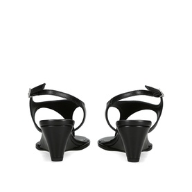 Aeyde Roose Wedges in black leather, rear view showing ankle strap, t-bar straps, and cone wedge heel