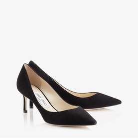 Jimmy Choo black suede pointed-toe kitten heel pumps with gold-tone slender heel, pair shown at angle