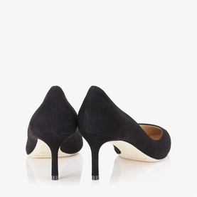 Jimmy Choo black suede kitten heel pumps, rear view showing slim heel and cream leather insole lining
